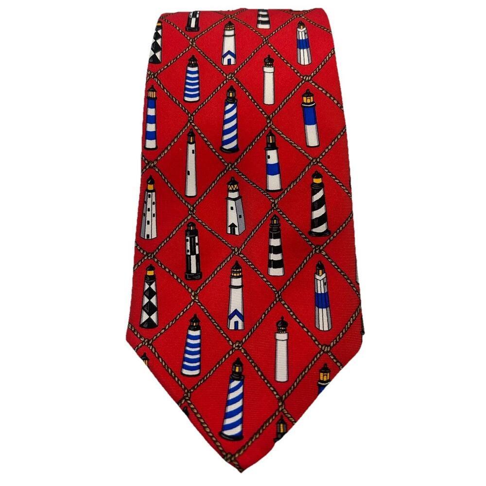 Vtg Alynn Neckwear Men’s Tie Silk Red Sentinels Lighthouses‎ 3.75” by Eric Holch